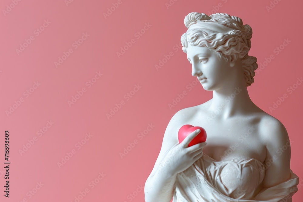 White marble sculpture of the goddess of love with a red heart on a pink background.