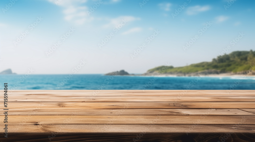 Wooden desk of free space and summer landscape of sea and sky