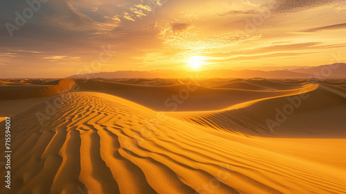 The golden hues of a desert sunset casting a warm glow over the textured dunes © Veniamin Kraskov