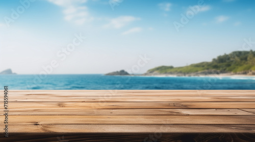 Wooden desk of free space and summer landscape of sea and sky