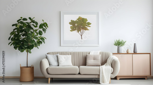 Mockup poster above white cabinet with plant next to grey sofa in simple living room interior.