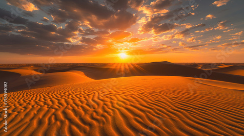 The golden hues of a desert sunset casting a warm glow over the textured dunes