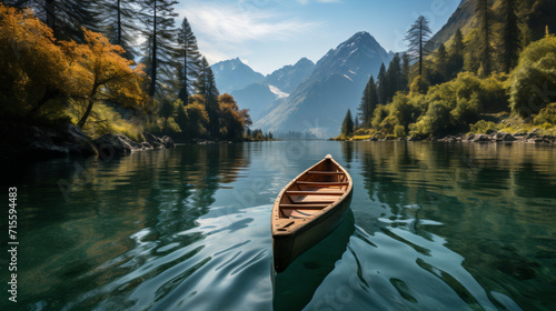 A breathtaking ultra-realistic landscape showcases towering mountains, a pristine lake, and lush pine forests wit a boat photo