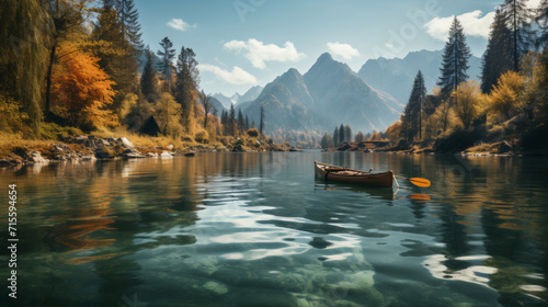 A breathtaking ultra-realistic landscape showcases towering mountains, a pristine lake, and lush pine forests wit a boat