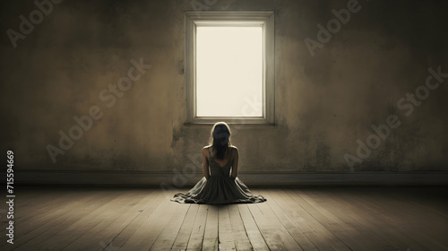 Lonely Woman Sitting Alone in Empty Room. Raw emotion of loneliness. photo