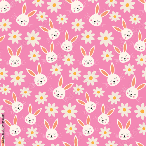 Cute cartoon Easter  rabbits with white flowers seamless pattern on pink background. For kids fabric, wrapping paper and easter decoration