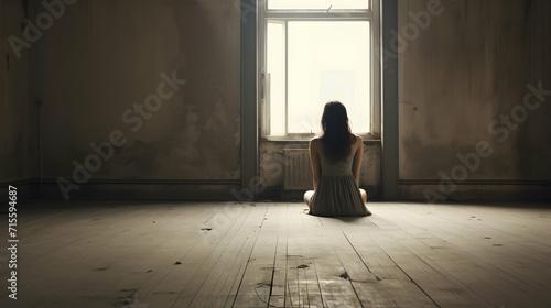 A sad woman sits alone in an empty room. A lonely girl feels depressed and anxious without anyone s help. Copy space.