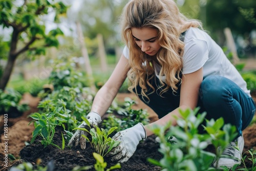 young woman plant and gardening in a park