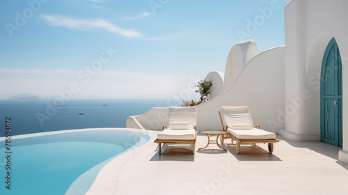  Two deck chairs on terrace with pool with stunning sea view. Traditional mediterranean white architecture with arch. Summer vacation concept © Katrin_Primak