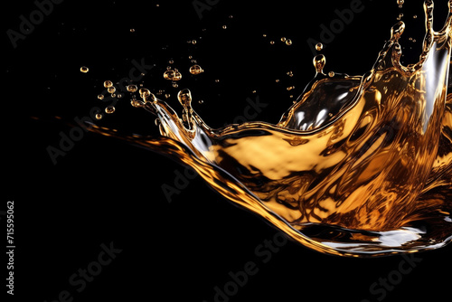 Graphic resources. Close-up view of macro golden, yellow or brown color liquid splash on black background with copy space