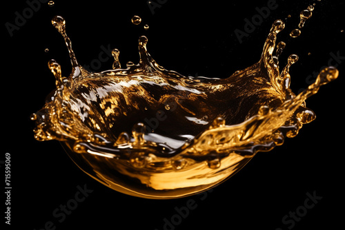 Graphic resources. Close-up view of macro golden, yellow or brown color liquid splash on black background with copy space