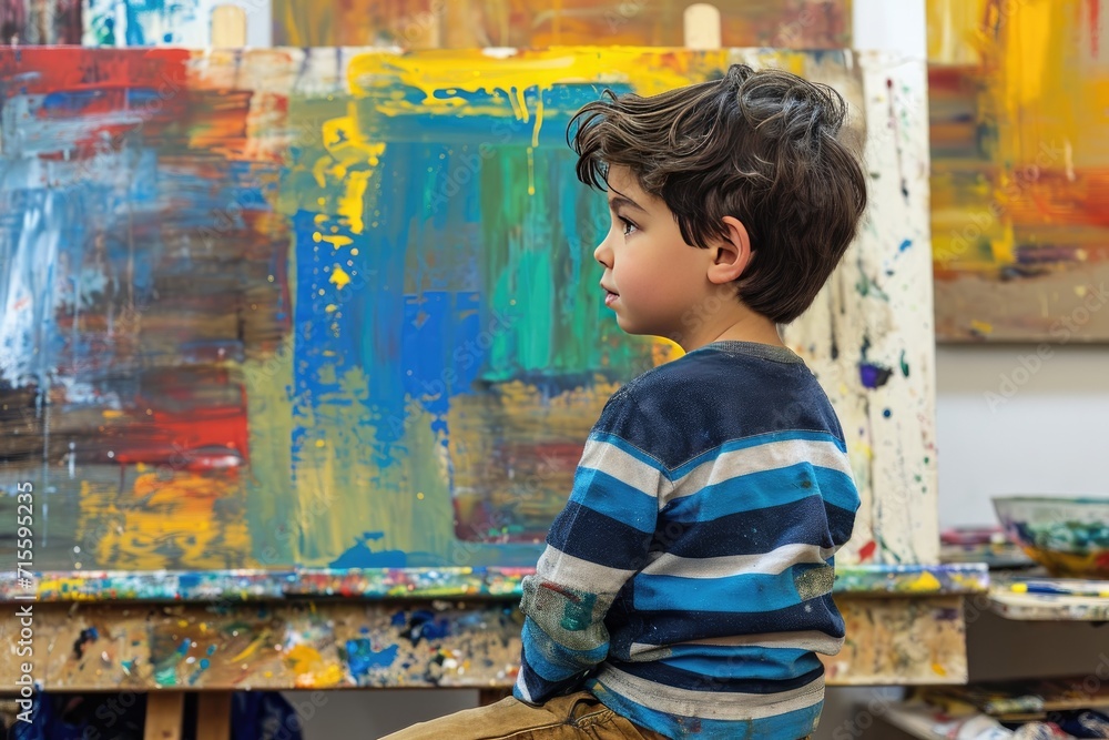 Little boy painting on canvas in studio