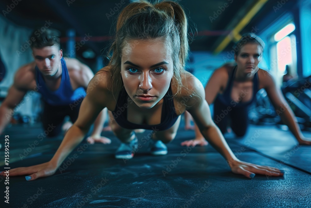 Fit young people doing pushups in a gym looking focused Fit young people doing pushups in a gym looking focused