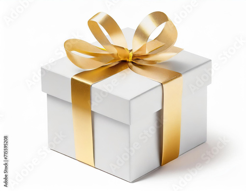 White gift box with gold ribbon. Isolated on a white background. 3D illustration © Fbio