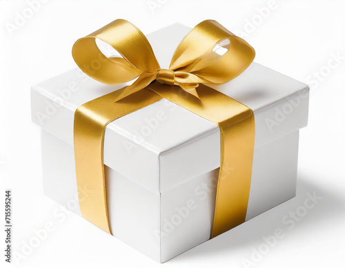 White gift box with gold ribbon. Isolated on a white background. 3D illustration