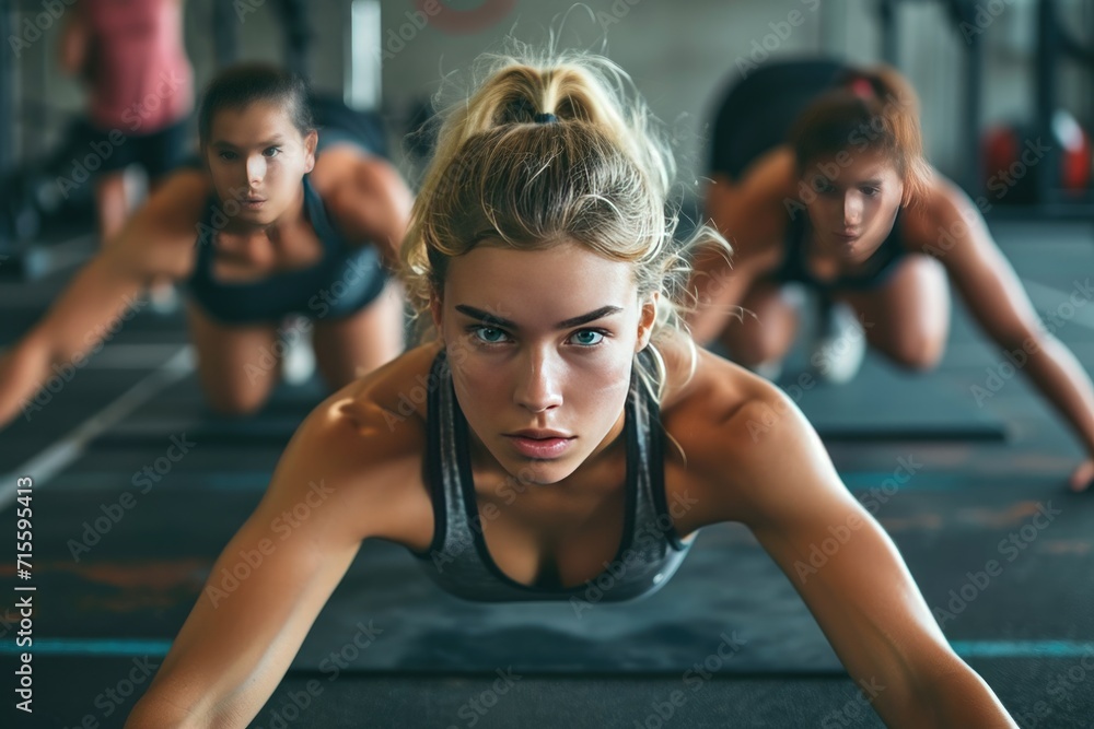 Fit young people doing pushups in a gym looking focused Fit young people doing pushups in a gym looking focused