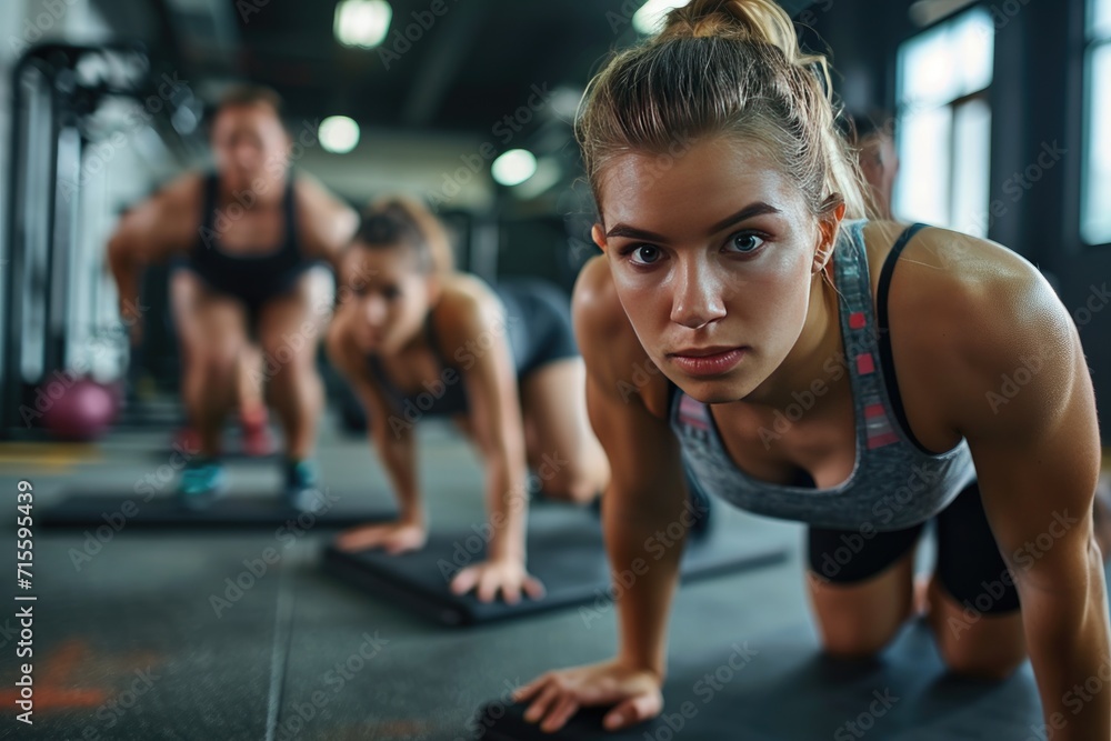 Fit young people doing pushups in a gym looking focused Fit young people doing pushups in a gym looking focused