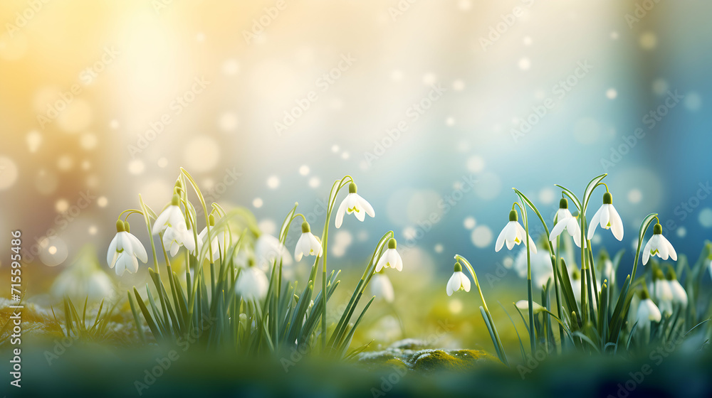 Floral Easter Greetings, Sunny Panoramic Header with Snowdrops