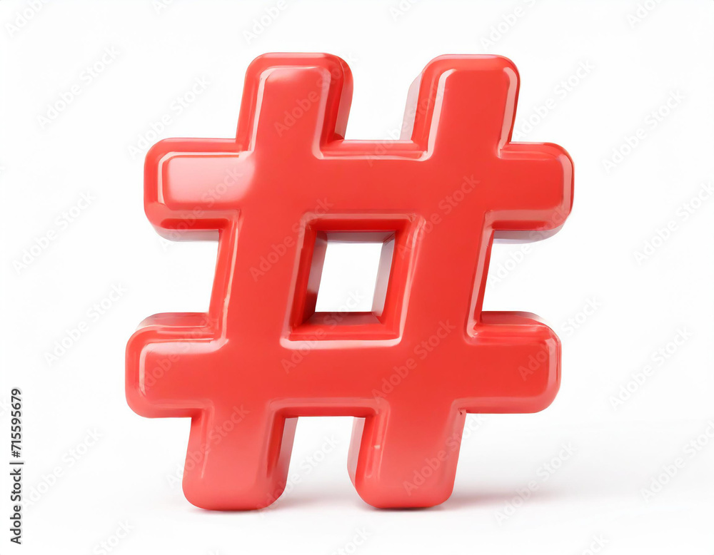 Obraz premium Red hashtag symbol isolated on white background. 3D icon, sign and symbol. Cartoon minimal style. 3D Render Illustration