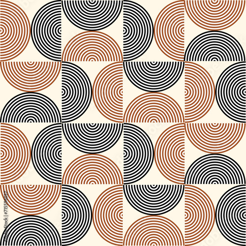 Mid Century Modern Geometric Lines seamless pattern in black and terracotta. For wall art, backgrounds and fabric 