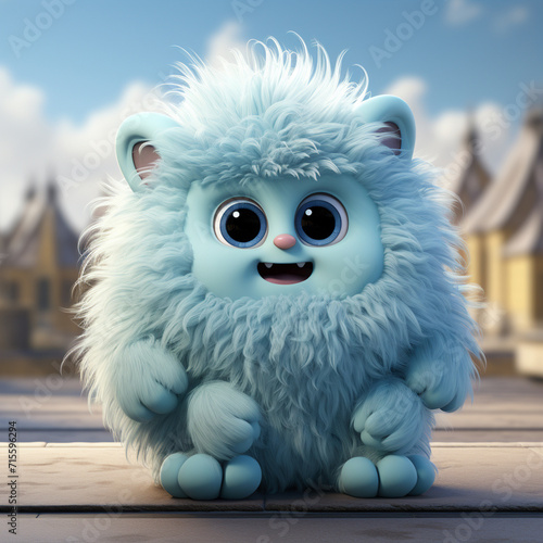 Cute blue fluffy monster 3D cartoon character
