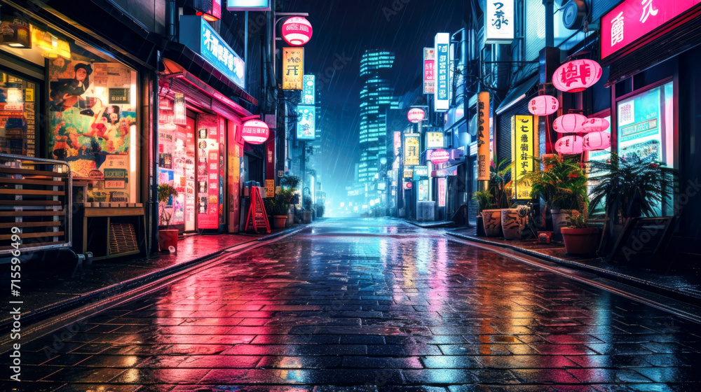 The enchanting cityscape at night, featuring lively streets illuminated by a variety of colorful neon signboards - obrazy, fototapety, plakaty 