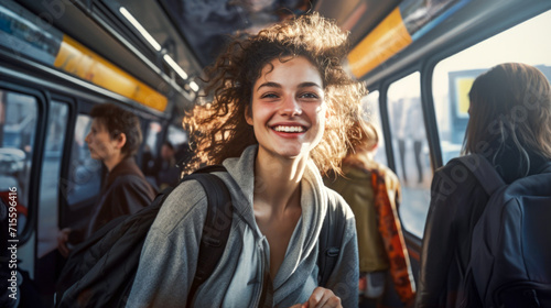 A portrait of a young happy girl in a bus