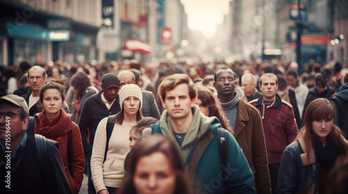 Obraz na płótnie A bustling scene of a crowd filling the street with a mass of pedestrians