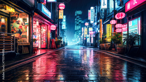 The enchanting cityscape at night, featuring lively streets illuminated by a variety of colorful neon signboards photo