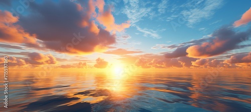 Serene abstract minimalist sunset seascape with clouds above the tranquil spring water background