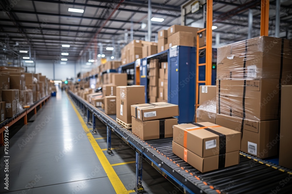 a huge distribution warehouse with boxes on racks, a loader for boxes a huge distribution warehouse with boxes on racks, a loader for boxes