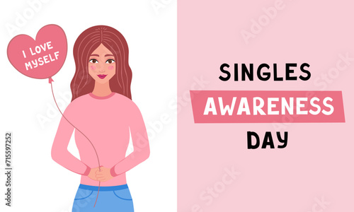 singles awareness day, girl with balloon, love myself. Vector Illustration for backgrounds and packaging. Image can be used for greeting cards, posters and stickers. Isolated on white background.