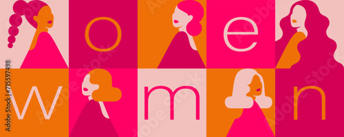 Poster of Five women of different ethnicities and cultures with text. Silhouettes of Strong and brave girls in pink colors. 8 march horizontal banner for Empowerment of females. Vector illustration