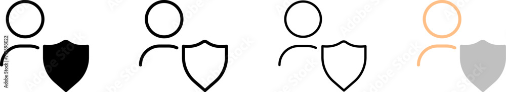 Man and shield icons. Different styles, silhouette of a person and a shield, protection of the person. Vector icons Man and shield icons. Different styles, silhouette of a person and a shield, protection of the person. Vector icons