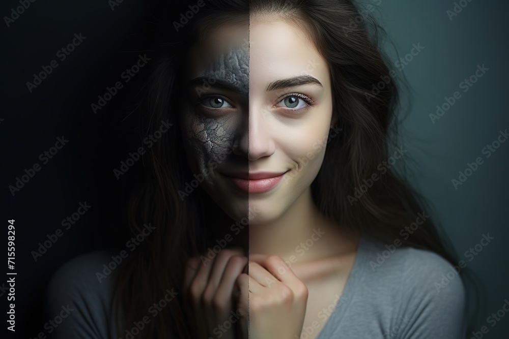 World Bipolar Day, Fusion Emotions, Portraying One Womans Multifaceted Inner World and Vibrant Spectrum of Mind, one person several personalities, different emotions. World Bipolar Day, Fusion Emotions, Portraying One Womans Multifaceted Inner World and Vibrant Spectrum of Mind, one person several personalities, different emotions.