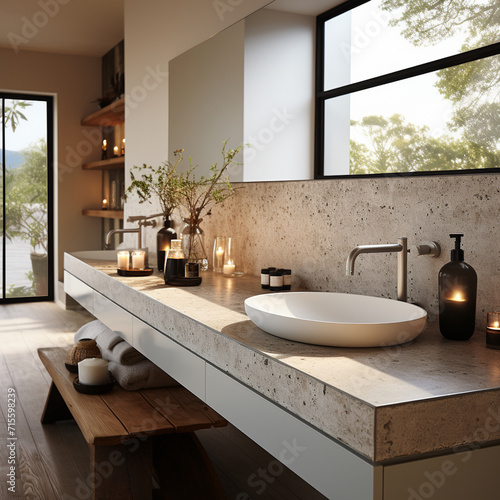 Terrazzo counter with white sink. Minimalist interior design of modern bathroom