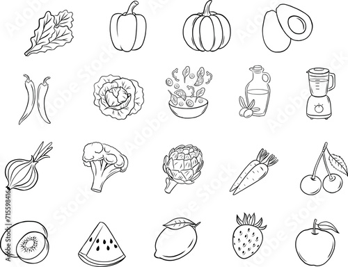 Vegetables and fruits hand drawn icons, vector icons, healthy food (ID: 715598416)