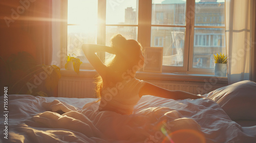 Mulher acordando em sua cama e se espreguiçando ao nascer do sol photo