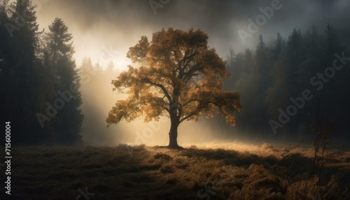 Whispers of Autumn: A Solitary Tree Stands Amidst the Mystical Beauty of a Fog-Enveloped Forest, Capturing the Ethereal Charm of Fall in Tranquil Isolation. AI generated