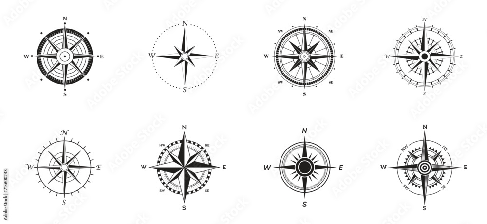 Compass Silhouette Icon Set on White Background. Rose Wind Glyph Pictogram. - obrazy, fototapety, plakaty 