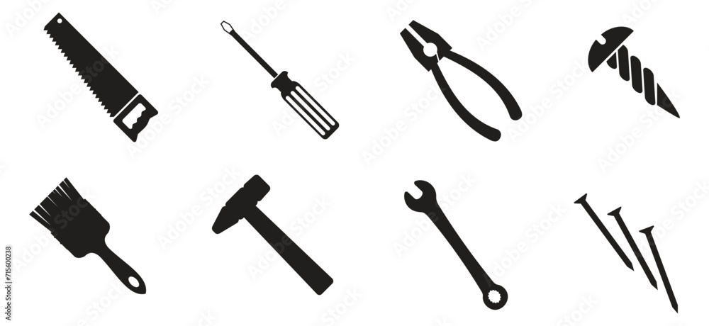Set of black silhouettes of tools, vector. Editable tools design. Set of black silhouettes of tools, vector. Editable tools design.