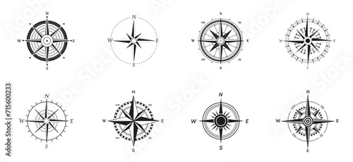Compass Silhouette Icon Set on White Background. Rose Wind Glyph Pictogram. photo