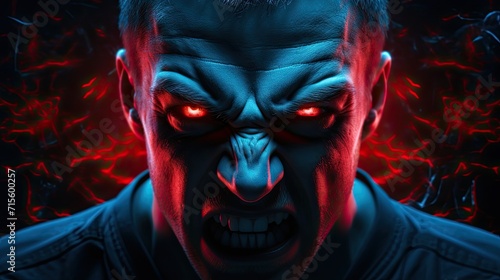 Portrait of a crazy villain with red eyes on a futuristic background. The face of an angry man is furious.