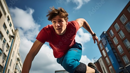 Dynamic urban freerunner jumping high in the city, showing movement and energy © Alex