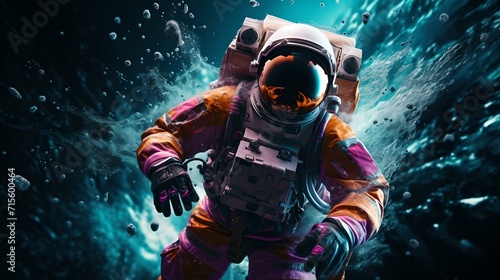 Futuristic astronaut adrift in space amidst cosmic dust and stars