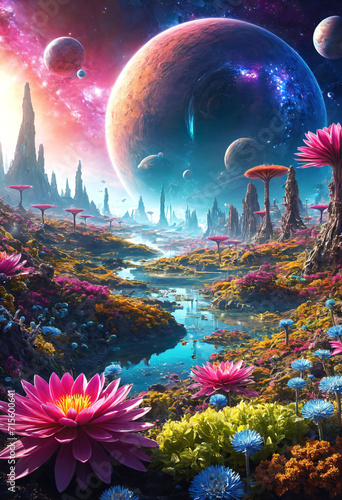 Illustration, big, sphere, flower, stream, mountain, generation ai, HD, Full color