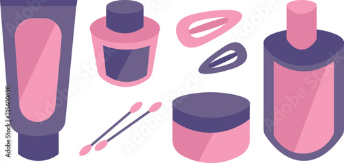 a set of cosmetic items in a flat vector style. purple-pink cream, lotion, cotton swabs, hair clips, serum. skin care