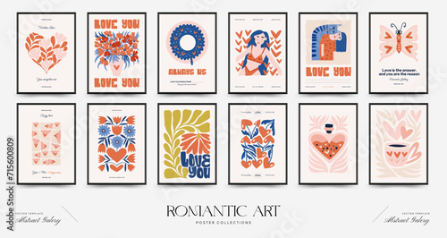Modern Romantic, Valentine's day vertical flyer or poster template. Love hand drawn trendy illustration.