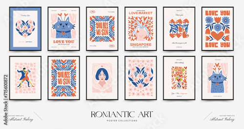 Modern Romantic, Valentine's day vertical flyer or poster template. Love hand drawn trendy illustration.