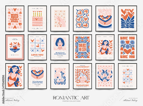 Modern Romantic, Valentine's day vertical flyer or poster template. Love hand drawn trendy illustration.